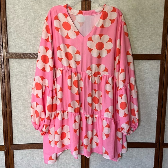 Retro Vintage 70s Mod Pop Art Floral Daisy Oversized Tiered Dress - Picture 1 of 5